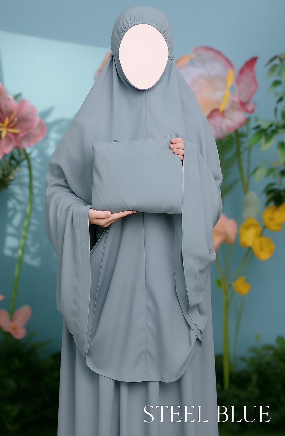 Muslimah Prayerwear (Telekung) Color-Rose & Steel Blue, 2-in1 Bag & Prayer Rug