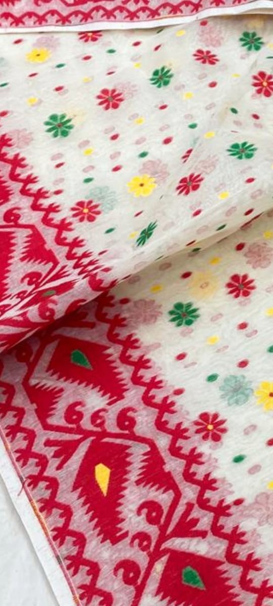 Special Red & Off white Hand Made Dhakai Jamdani For Women Traditional Wear