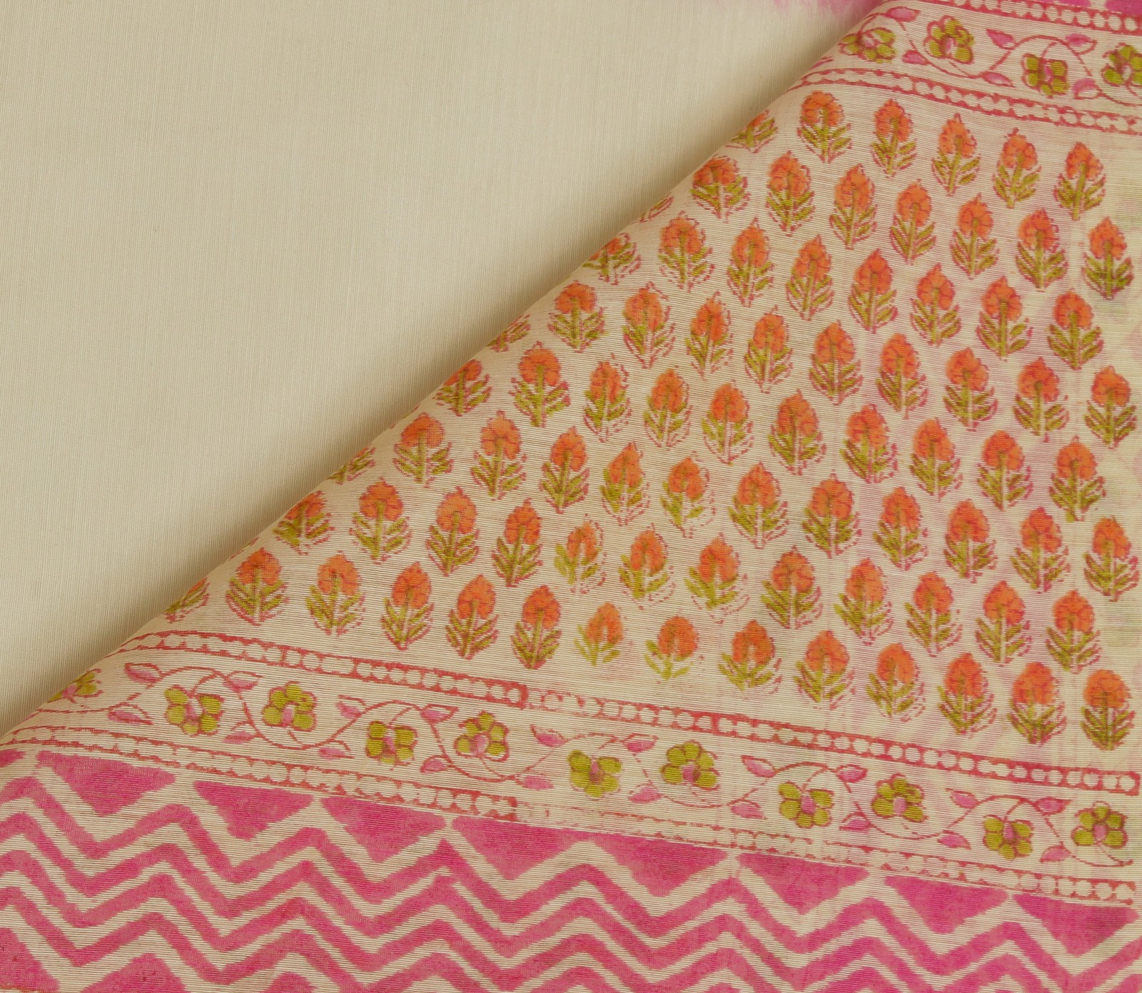 Sushila Vintage Cream Saree Blend Cotton Hand Block Printed Floral Sari Fabric