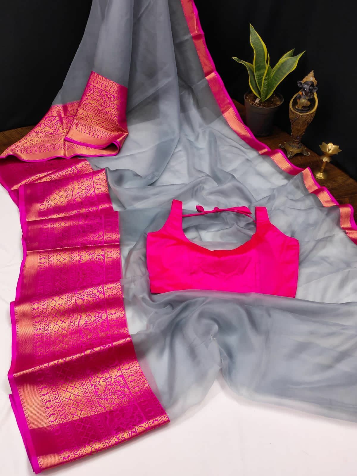 Soft light weight pure Organza jacquard saree with ready made blouse