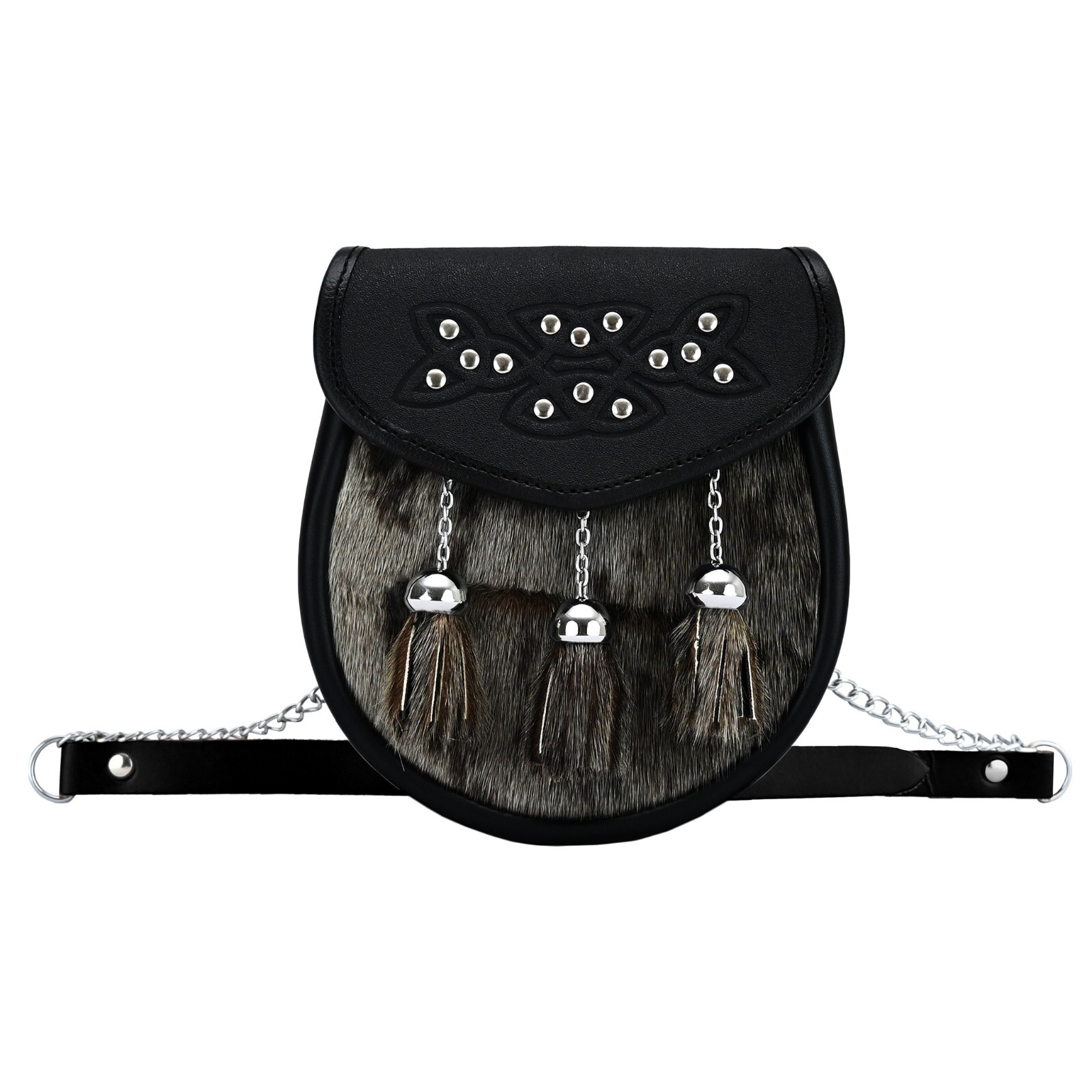 Scottish Sporran Thistle Brown Rabbit Fur with Stone Artwork Highlander Sporran