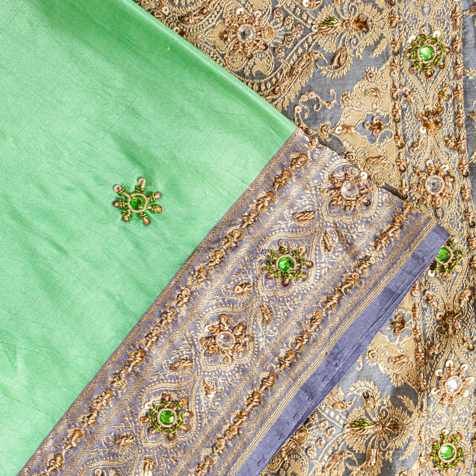 Sanskriti Vintage Green Pure Satin Sarees Banarasi Brocade Hand-Woven Bead 5.5Yd