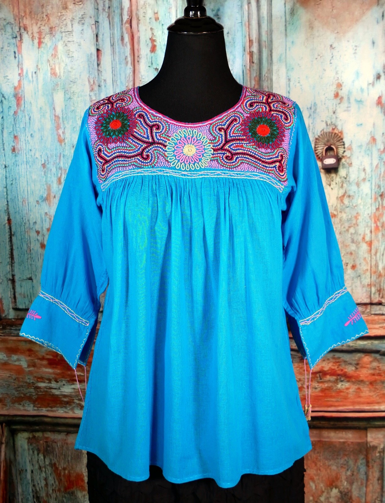 Lg Peasant Blouse Hand Embroidered Turquoise Cotton Mayan Chiapas Mexico Hippie