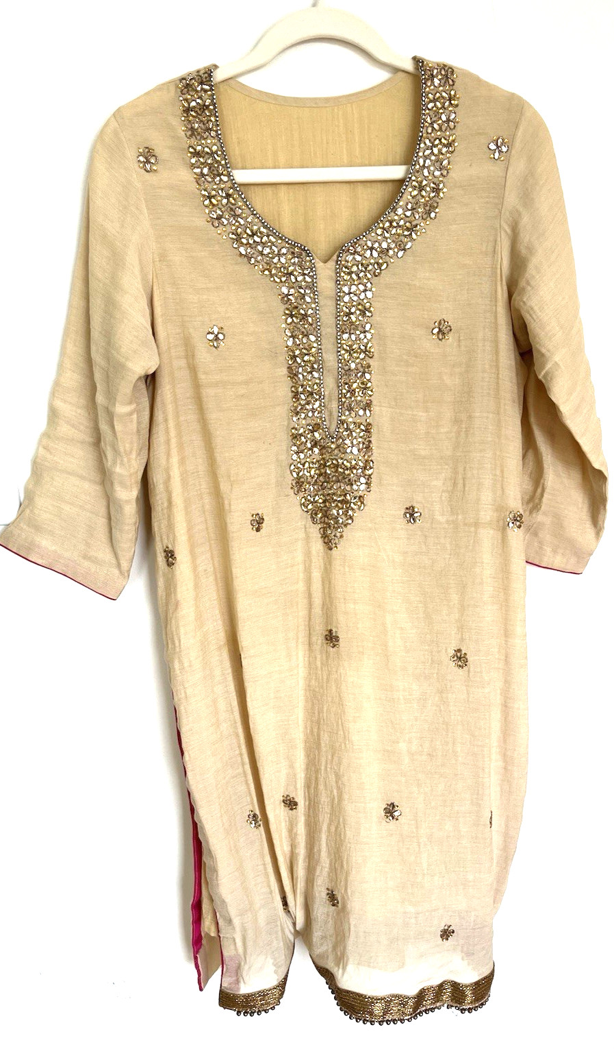 Women’s Indian Tunic Design Lt Tan Beige w/ Gold Sequin Beads Kurta Kurti Top