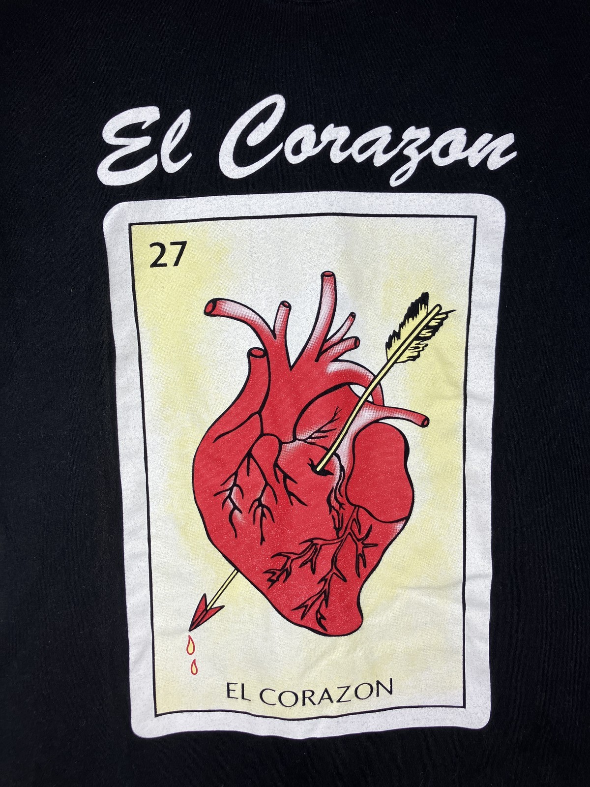 El Corazon Loteria Card T-Shirt Black Small Mexican Culture Folk Art Top