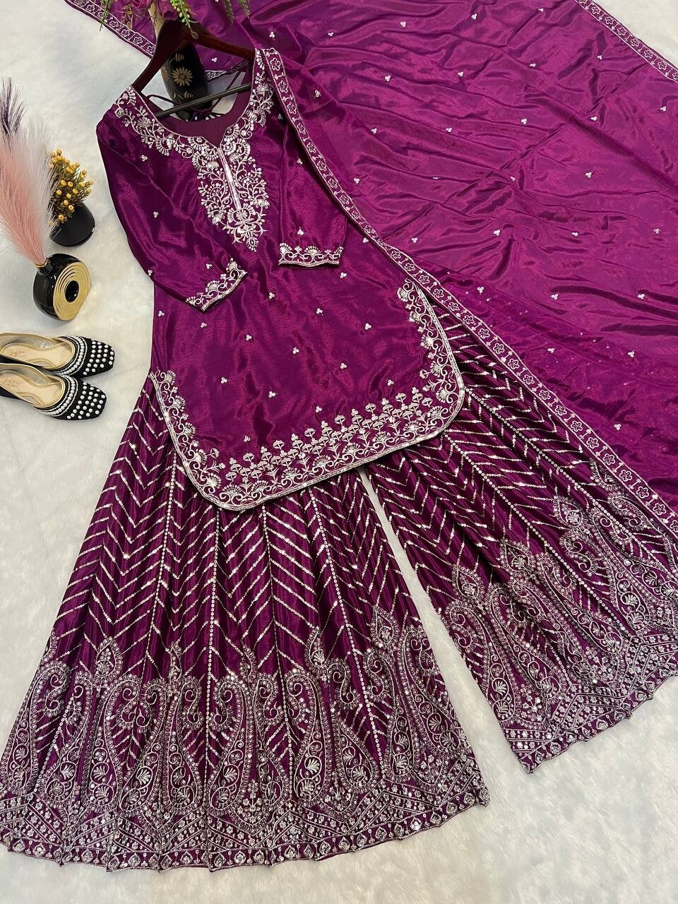 New Attractive Wine Chinon Silk Kurta Palazzo With Dupatta For Wedding & Party
