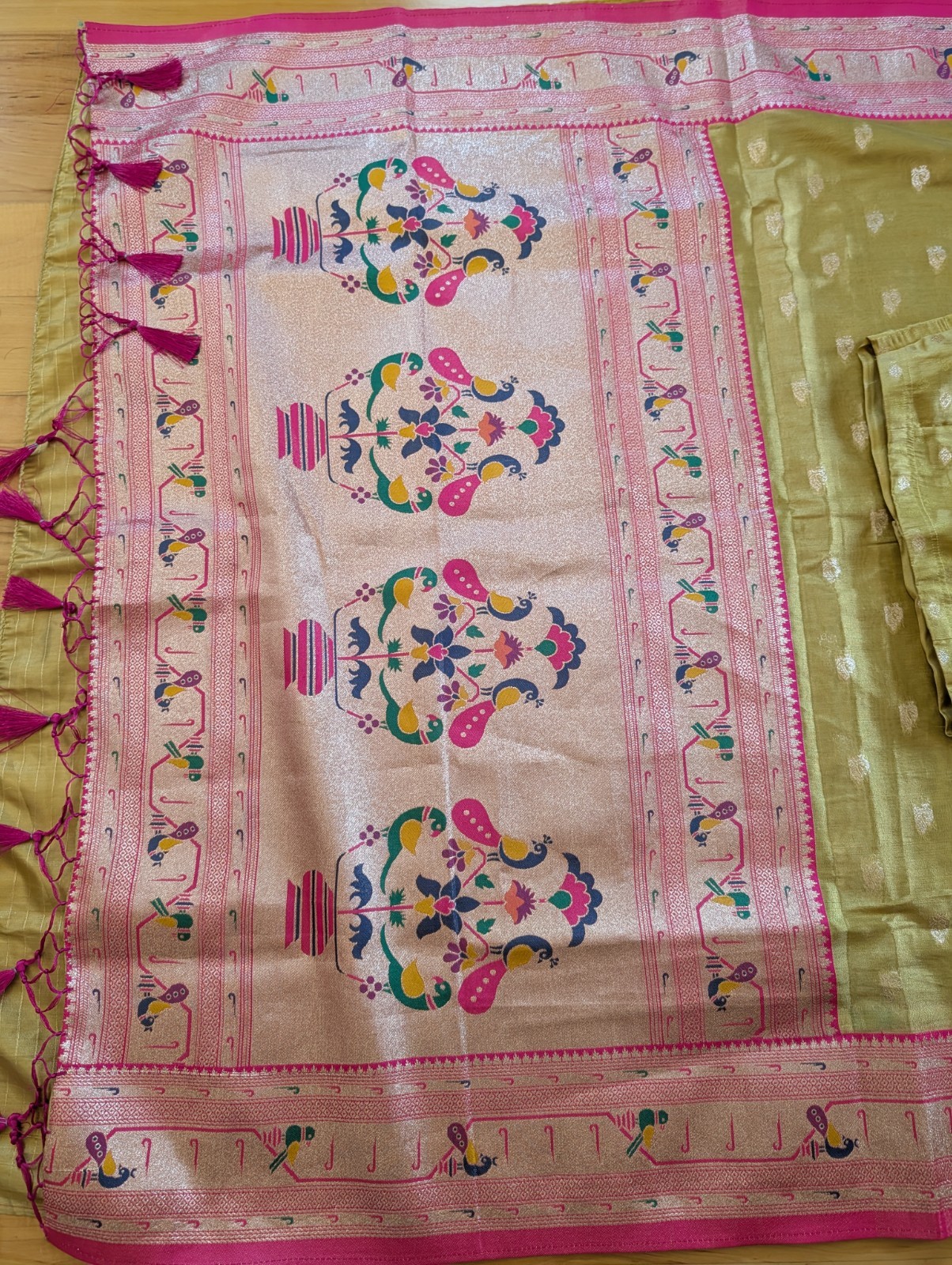 Saree Paithani Silk Muniya Peacock Minakari Zari Border Pallu Stitched Blouse