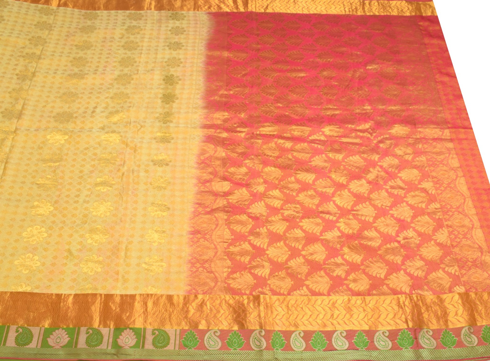 Sushila Vintage Light Yellow kanjivaram Saree Pure Silk Zari Brocade Sari Fabric