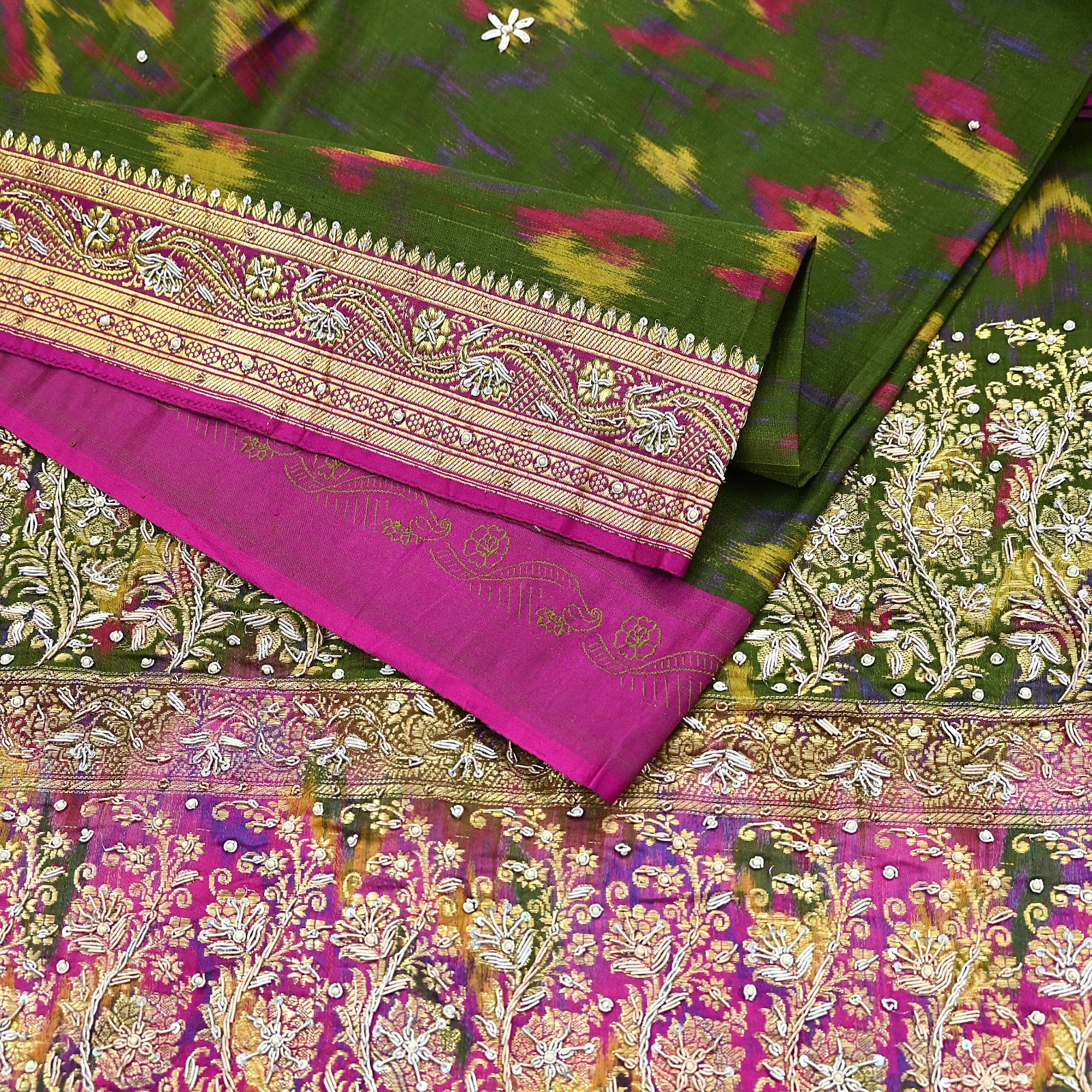 Vintage Multi Heavy Sari Pure Satin Silk Woven Banarasi Tanchoi Embroidered 5yd