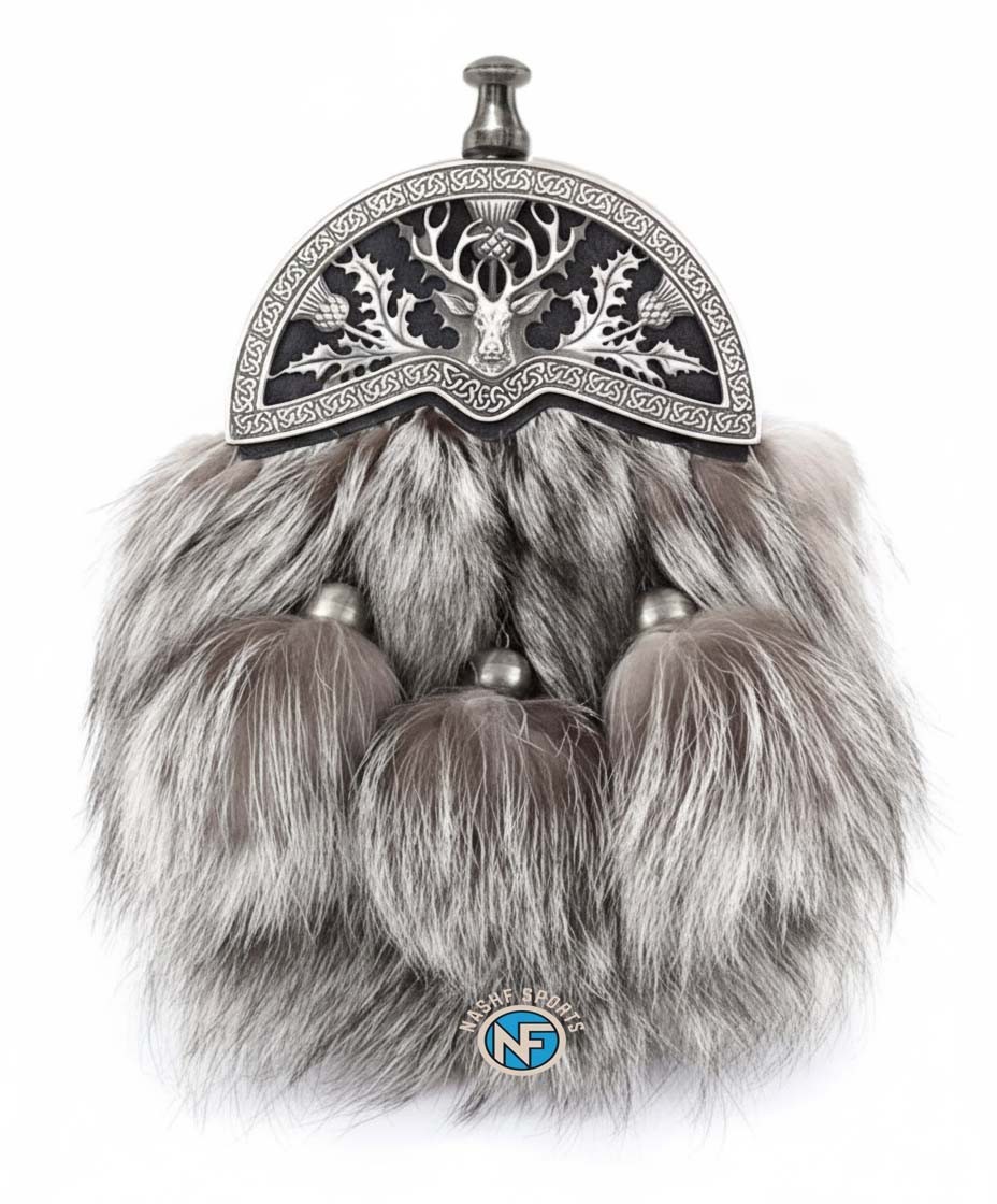 Blue Frost Fox Sporran Antique Silver Stag Cantle Grey Fur Real Leather Back
