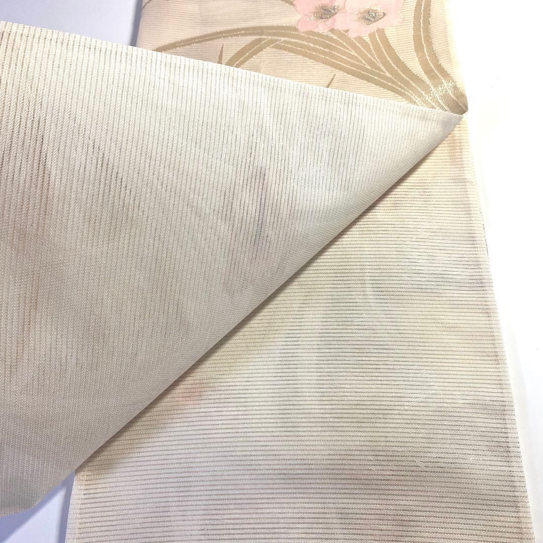 Japanese Silk Summer Ro Fukuro Obi Beige Gold Pink Floral 436cm