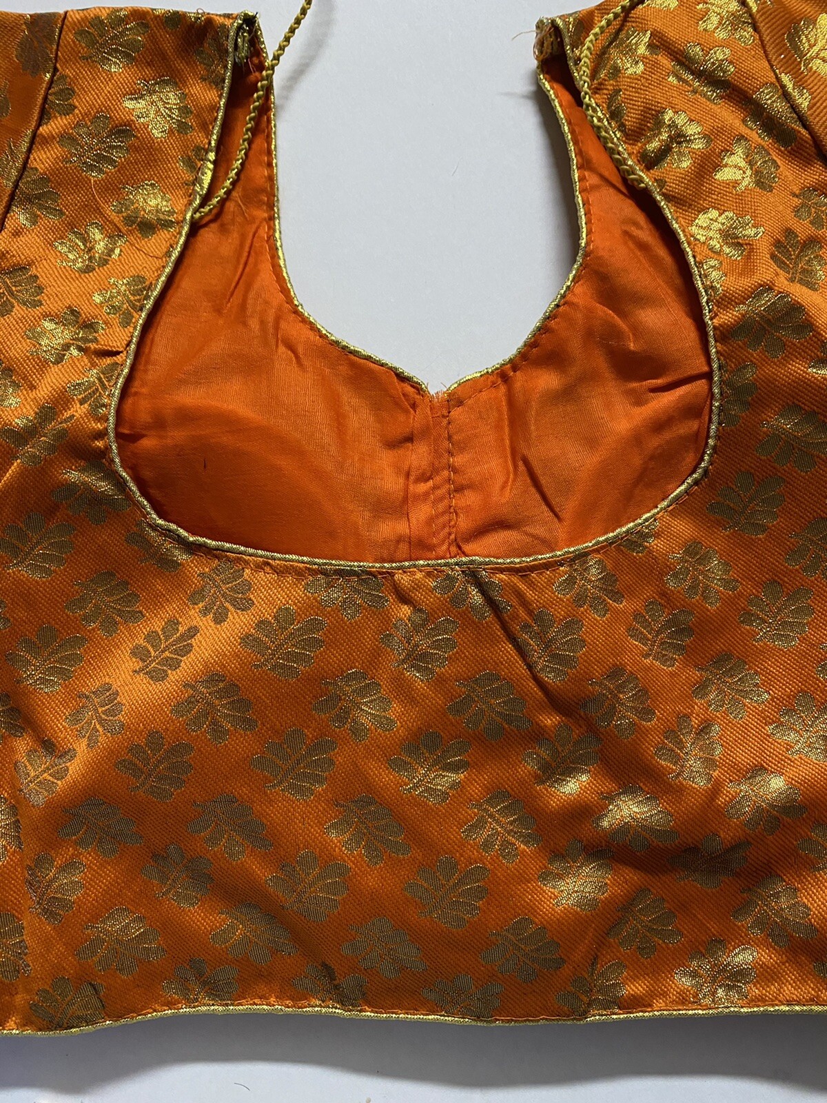 NEW Readymade Designer Sari Blouse orange GOLDEN BROCADE SLEEVES DORI 36″-USA