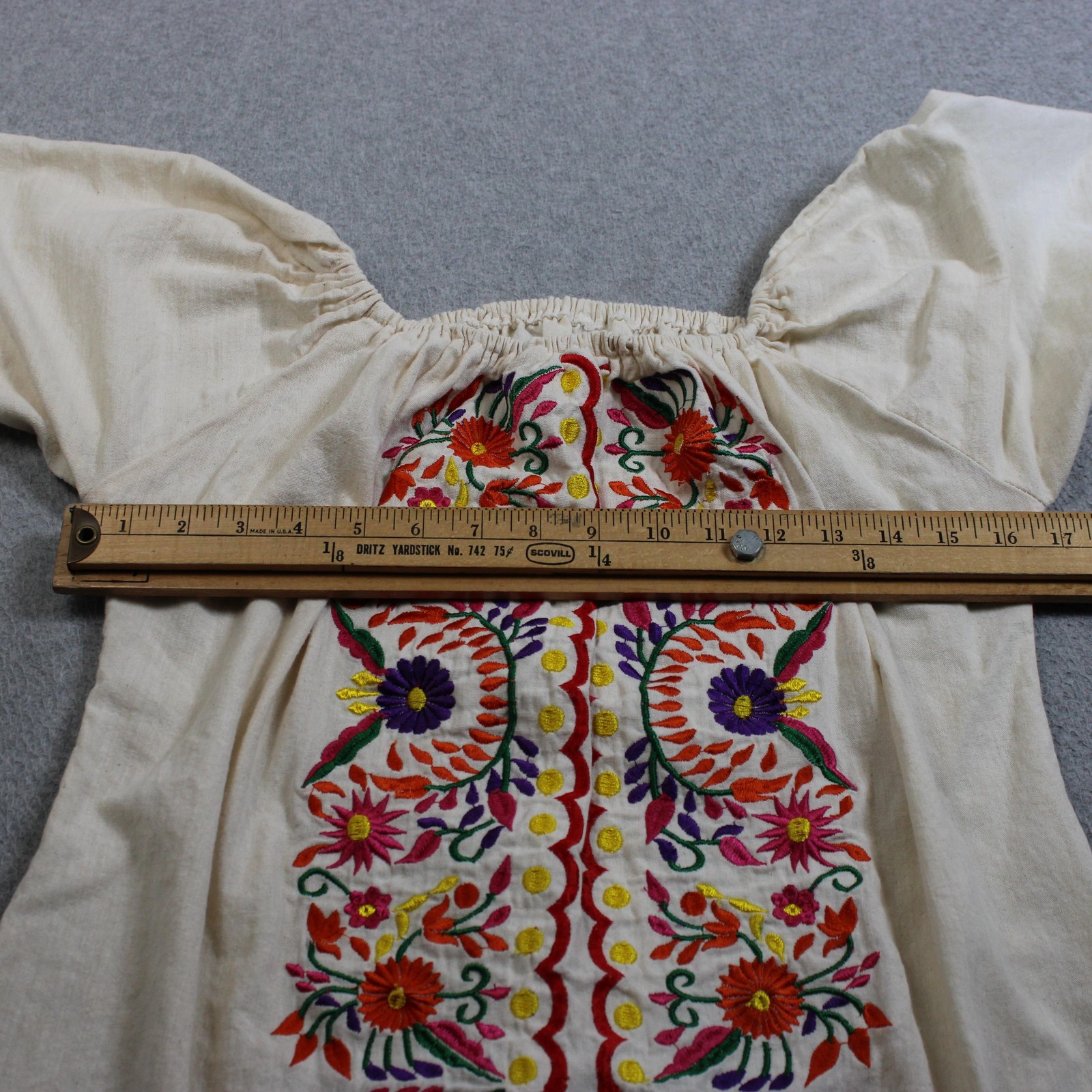 Mexican Embroidered Floral Dress Medium Cream Floral Peasant Boho Tunic Retro