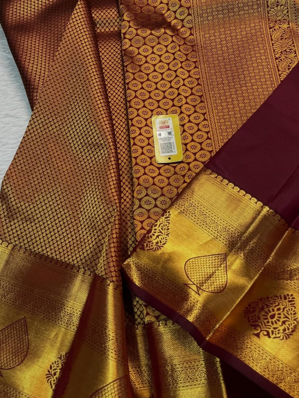 Royal Maroon Silk Saree – Traditional Antique Gold Zari Floral & Temple Border