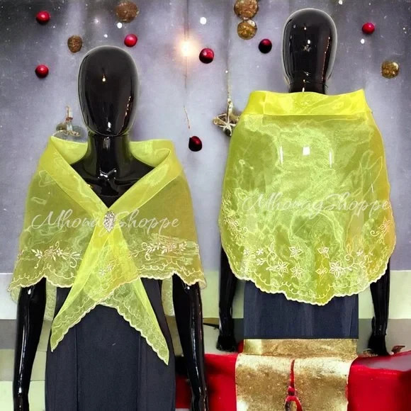 Modern Filipiniana Alampay Organza Shawl Hand Embroidered Floral w/ Brooch