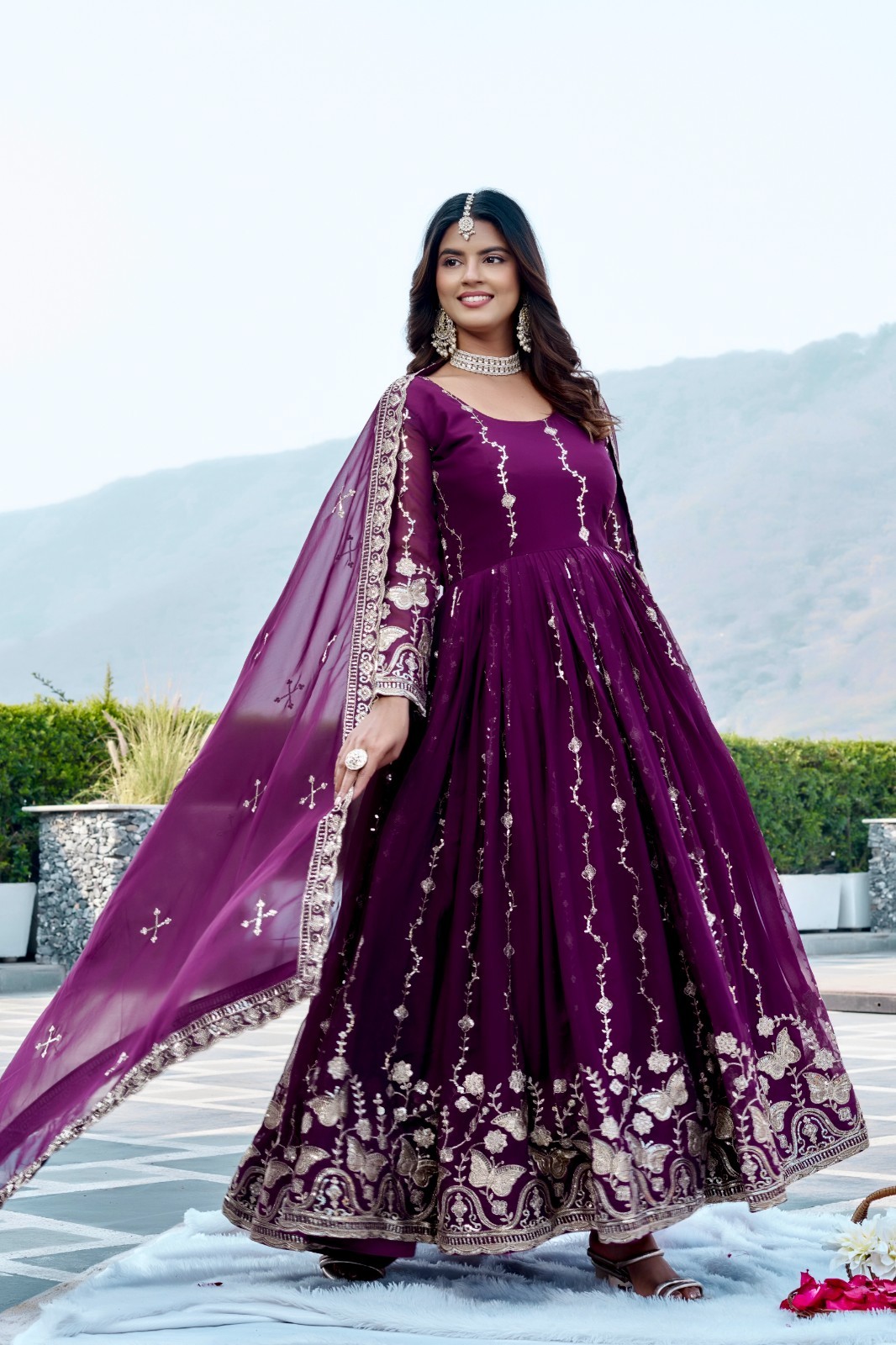 Fully Stitched Fox Georgette Gown Dupatta Heavy Sequins Festive Indian Dress 2pc