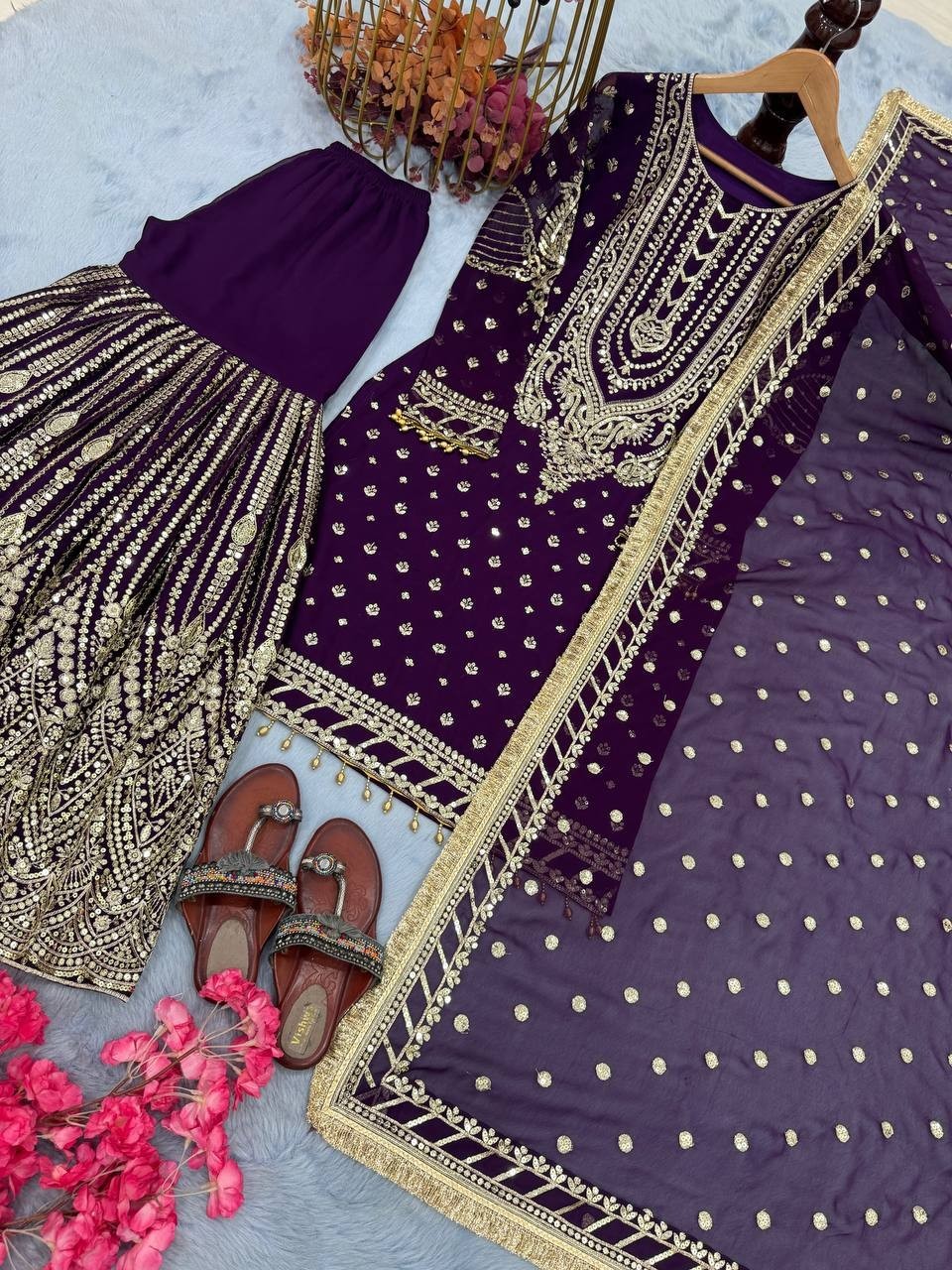 New Beautiful Purple Faux Georgette Kurta Palazzo With Dupatta For Women & Girls