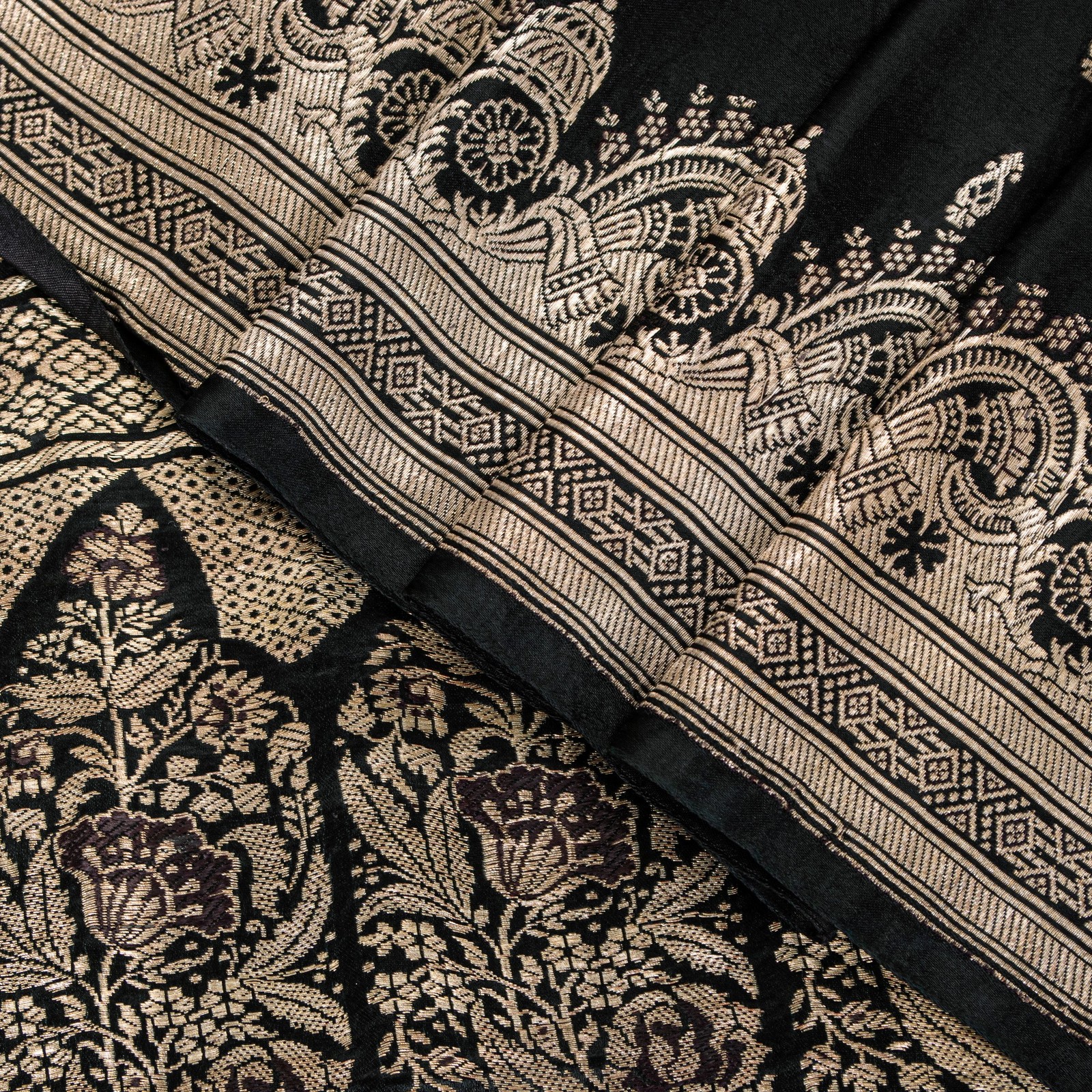 Sanskriti Vintage Black Pure Satin Sarees Banarasi Brocade Zari Hand-Woven 5+Yd