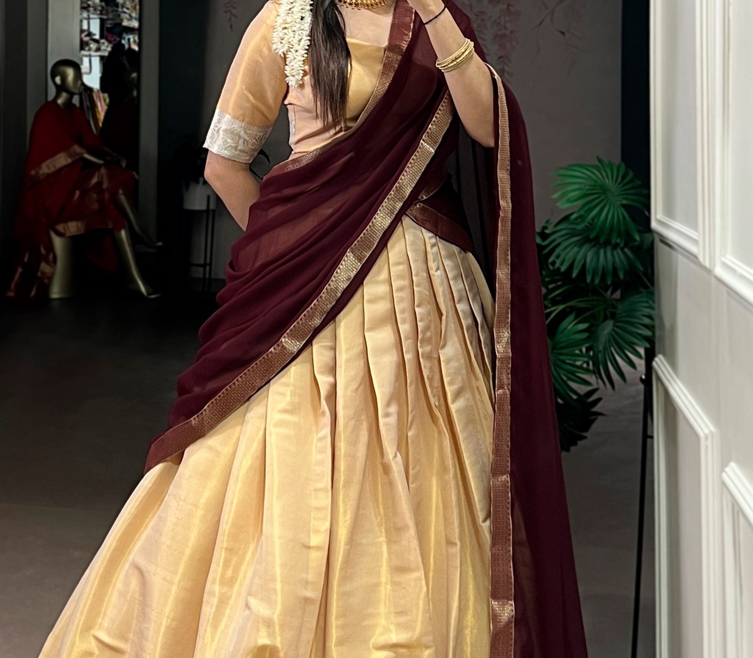 New Launching Kanchipuram Cream Lehenga Choli With Dupatta For Function Wear