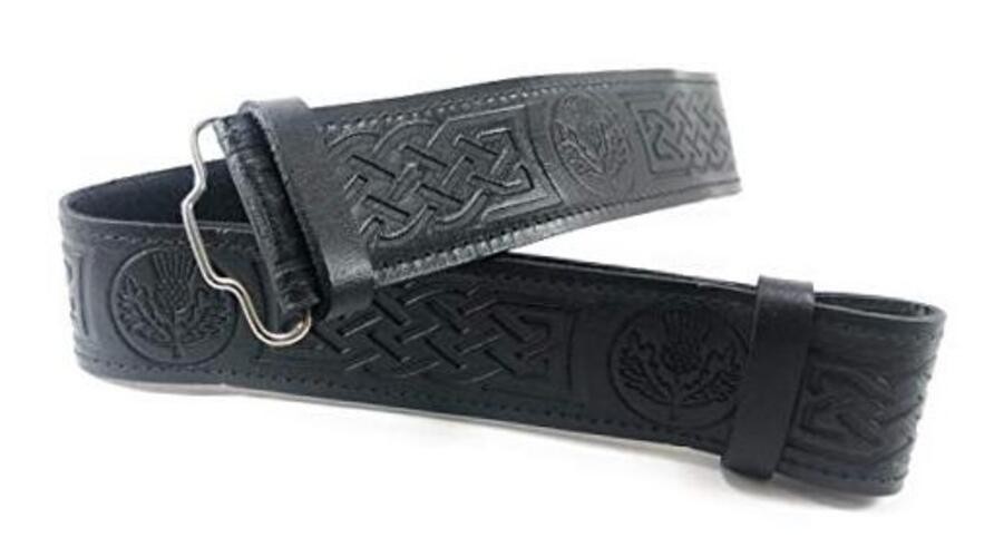 Black Leather Scottish Highland Kilt Belt With Thistle Embossed Design X-Large