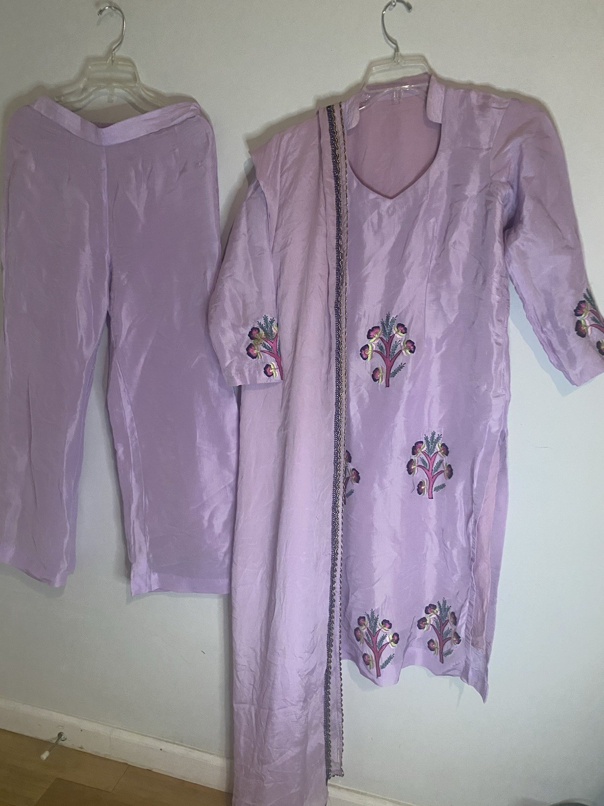 Lavender pure Silk Embroidered plazo Kameez Set Women’s Traditional