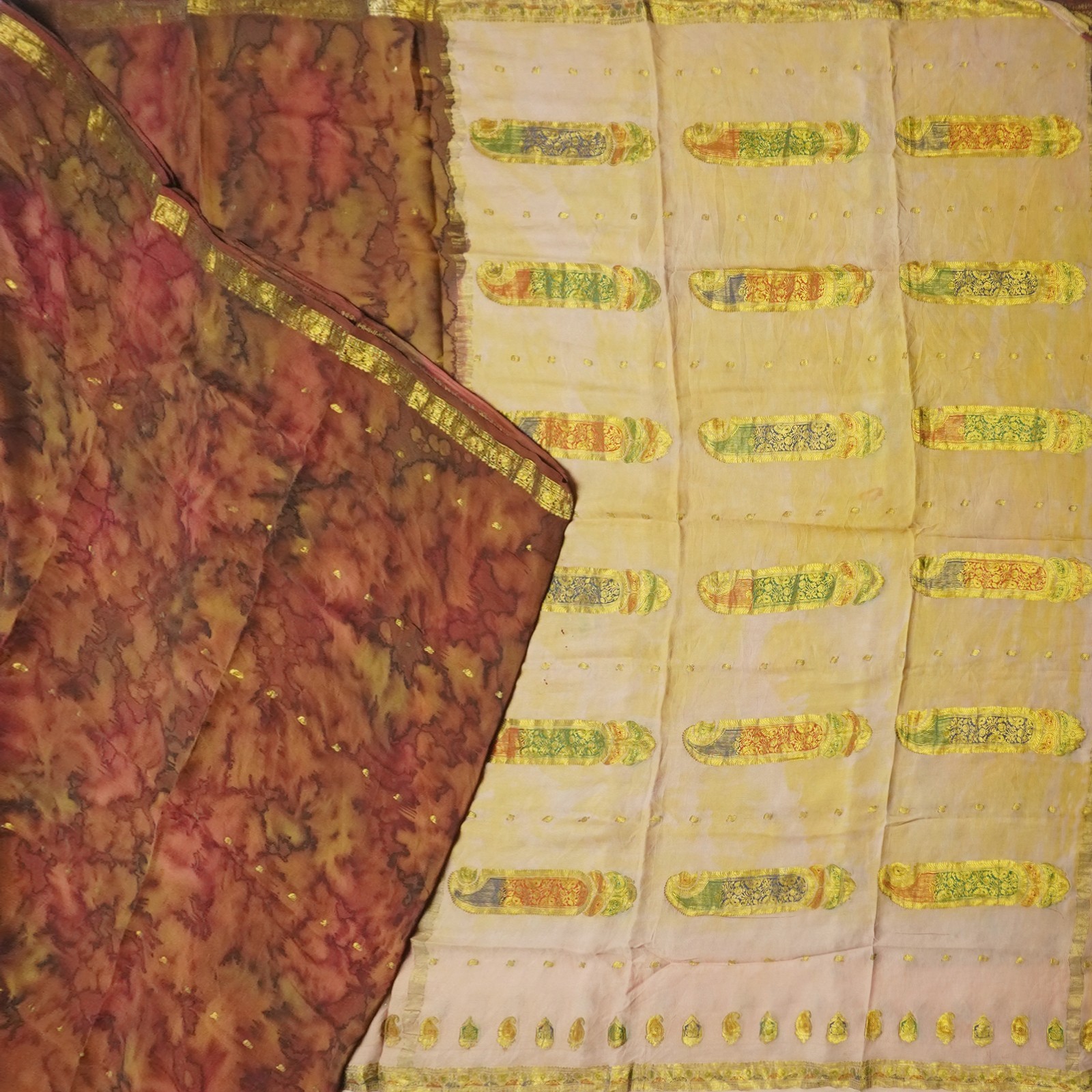 Vintage Brown Sarees 100% Pure Mysore Crepe Silk Zari Woven Sari 5YD Soft Fabric