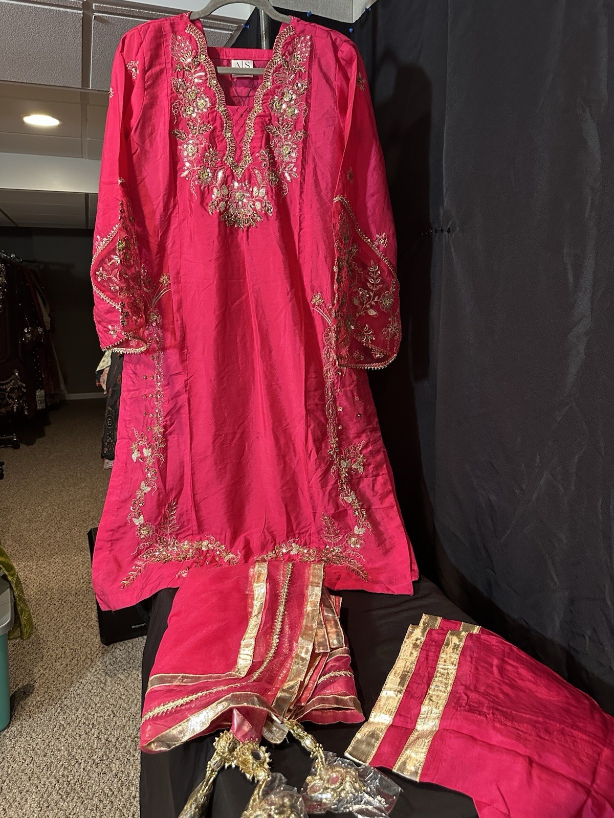 ASIAN STITCH ZARQUN BRAND – Emb Raw Silk Front & Back Emb, Net Lux Dupatta – $75