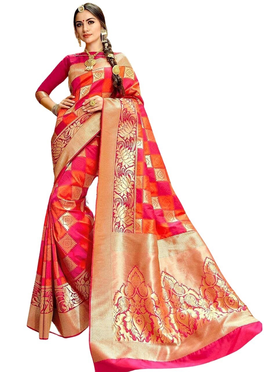 pink and orange colour soft lichi silk golden jari design Jaquard border