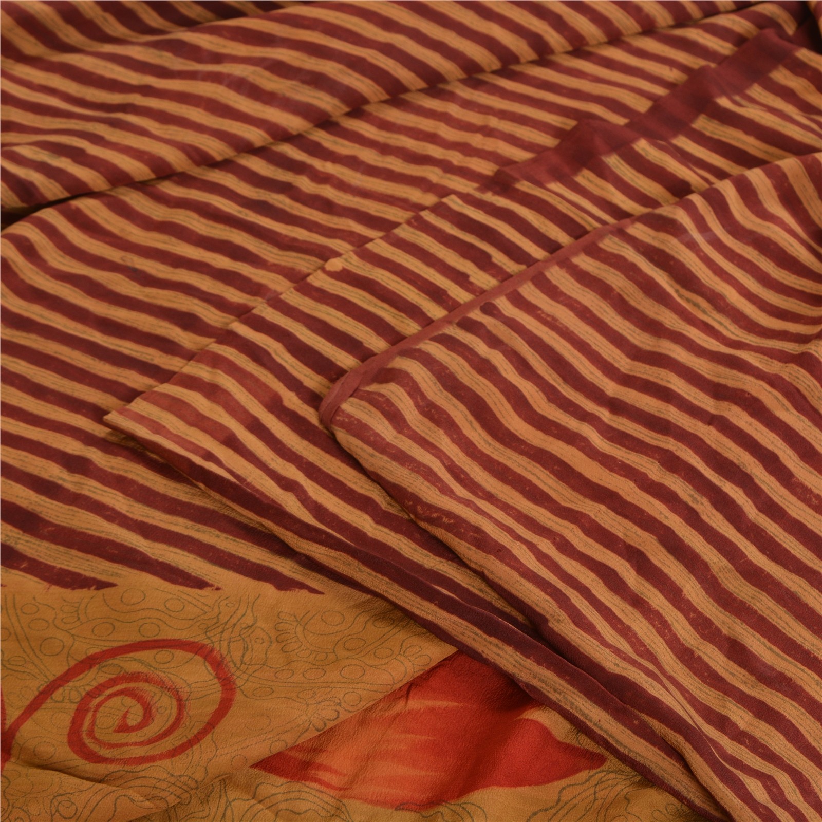 Sanskriti Vintage Sarees Red/Green Pure Crepe Silk Printed Sari 5Yd Craft Fabric