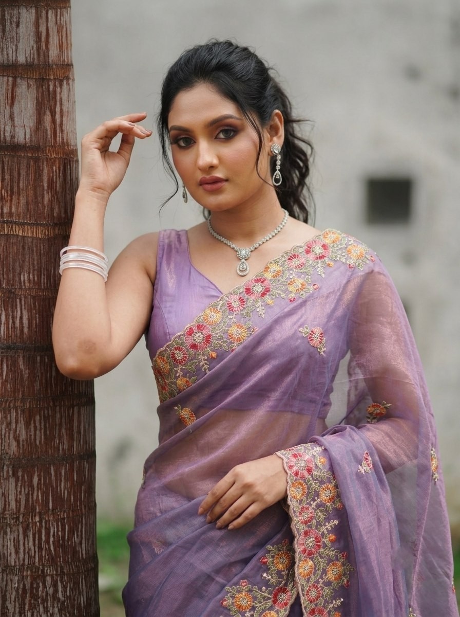 Soft Twill Net Embroidery Saree Wedding Party Wear Cutwork Saree Blouse