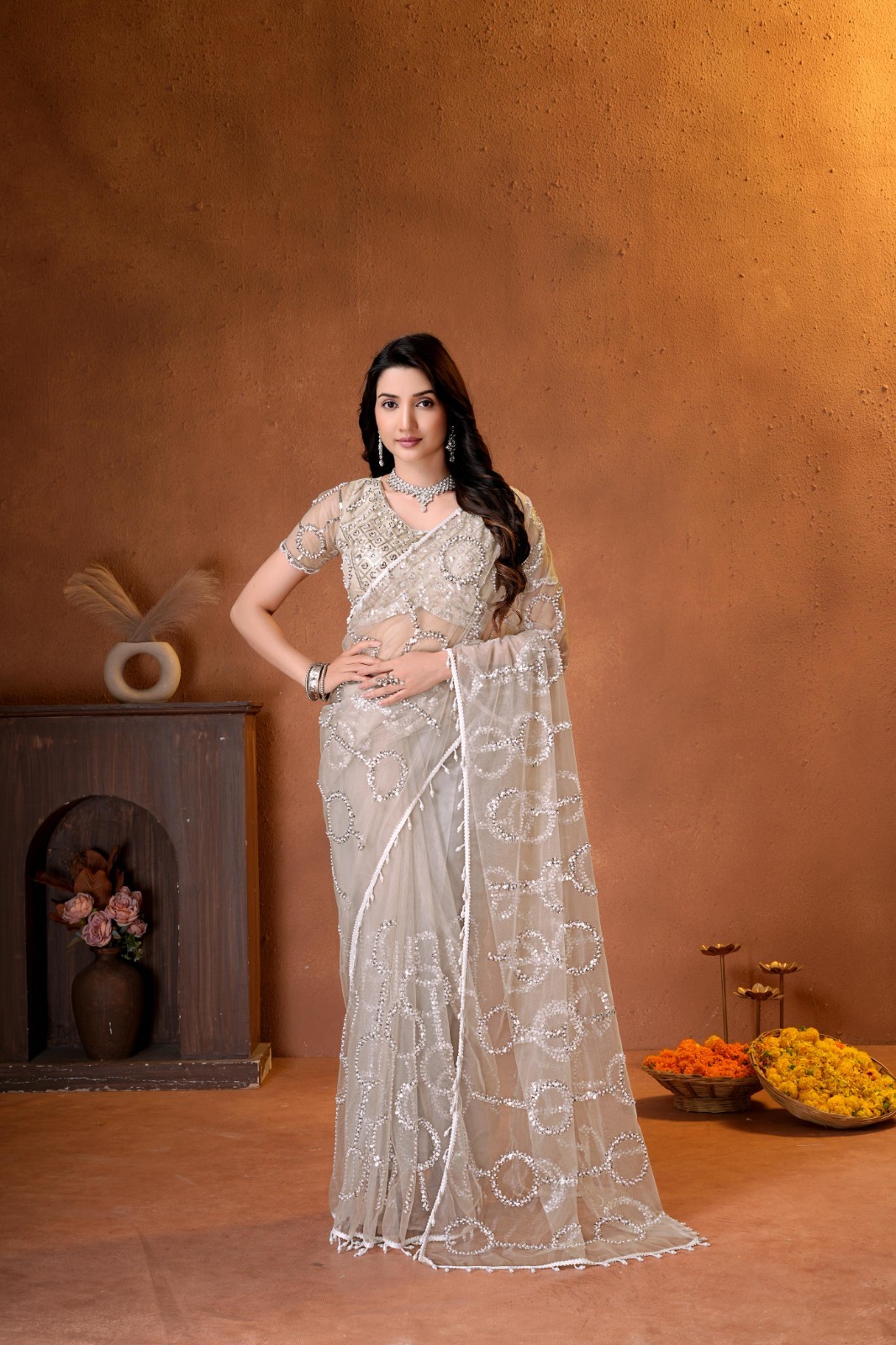net saree with sequins beads embroidery work with blouse 5 colors available .