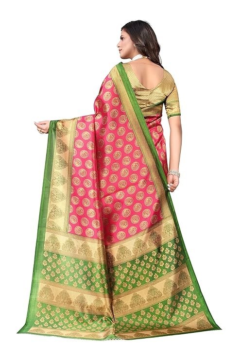 Women’s Pink Green Art Silk Saree Gold Zari Woven Traditional Indian Ethnic Wear