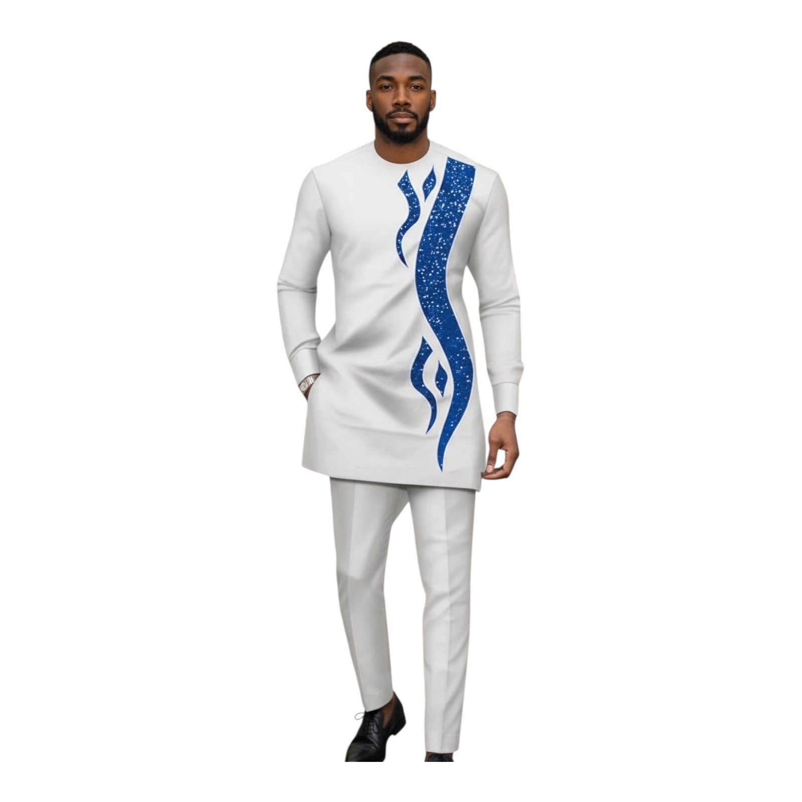 Traditional African 2 Piece Suit Men Long Sleeve Dashiki Ankara Outfit (WHITE)