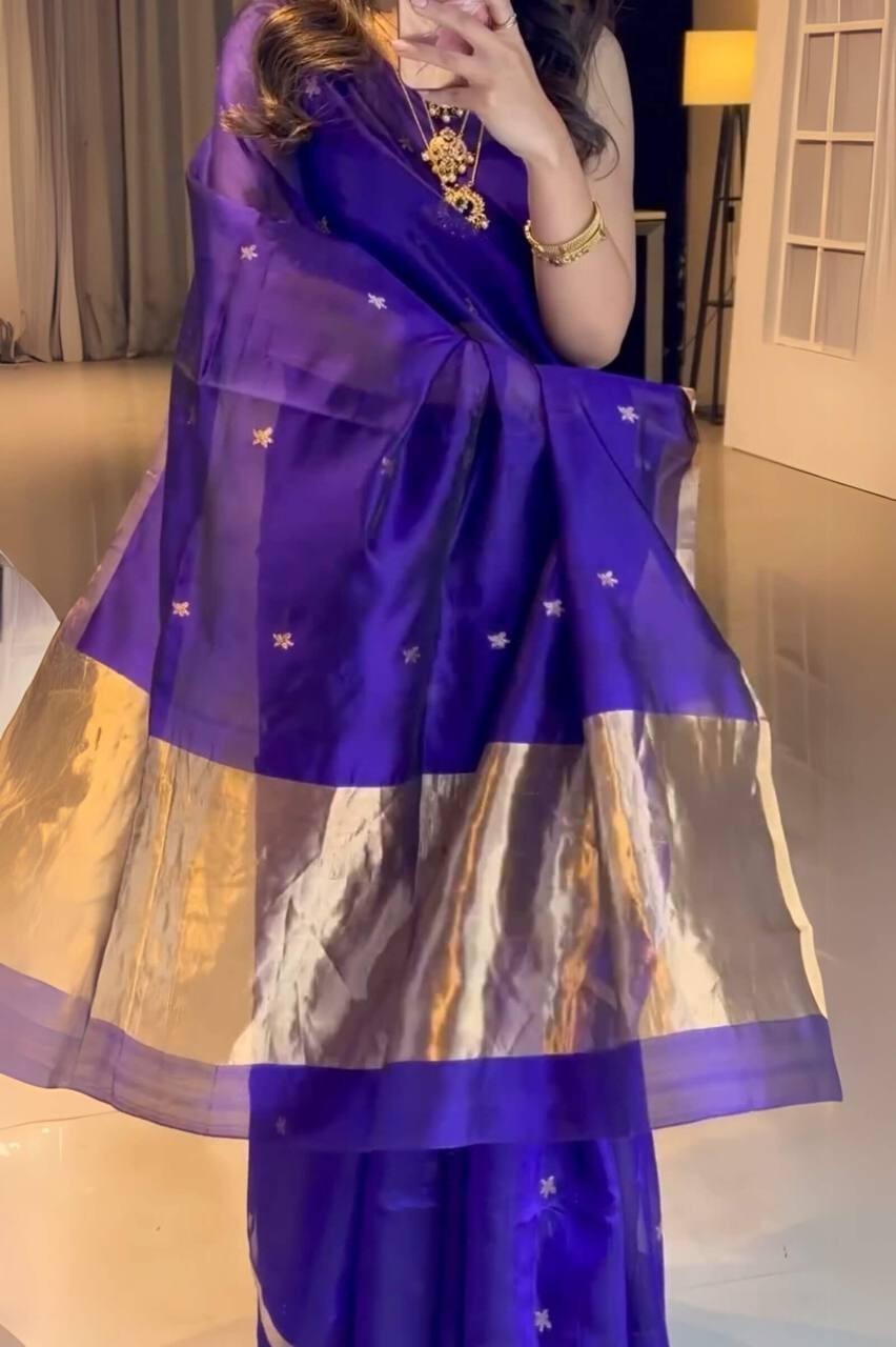 Royal Purple Lichi Silk Saree with Silver Zari Border & Rich Pallu