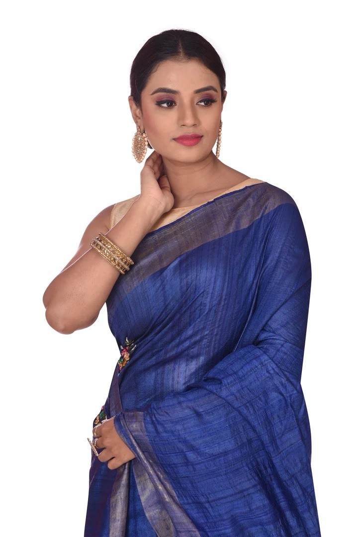 Indigo Blue Tussar Silk Saree sari party wear For Women With Floral Embroidery