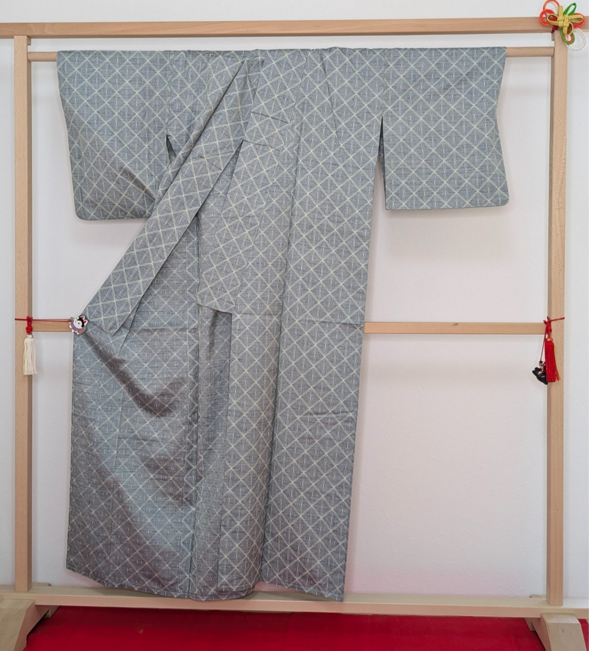 Vintage Japanese Kimono Silk Hitoe Gray White Geometric Pattern Unlined Tsumugi