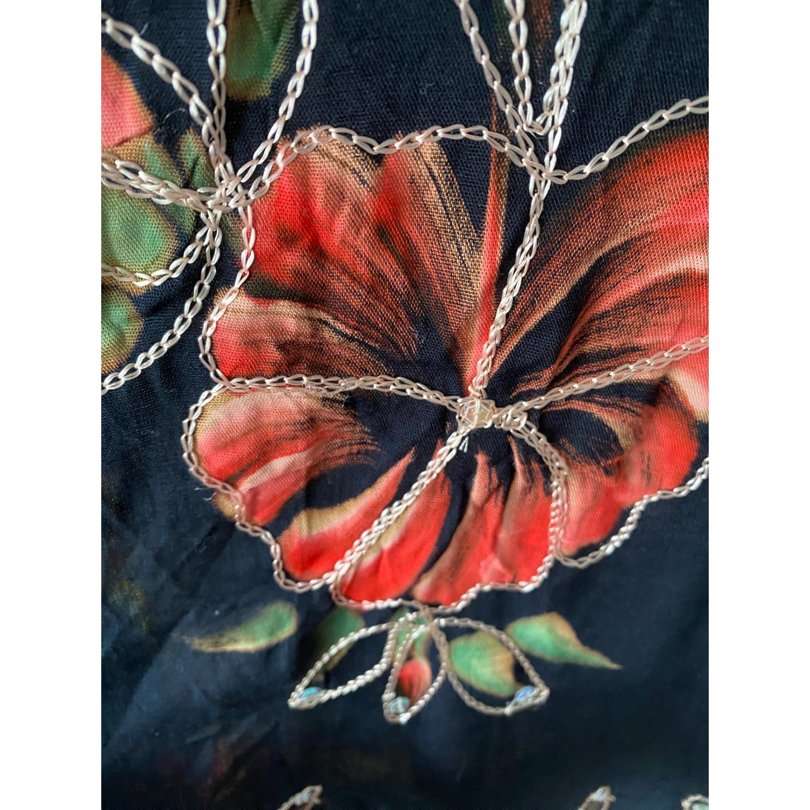 Island Planet Beaded Embroidered Floral Tie Dye Sequin Black Kaftan Cover Up OS