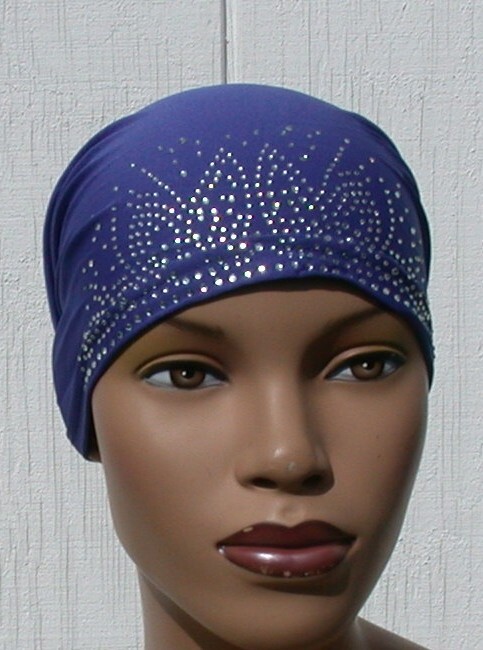Rhinestone Turban Cap Hijab BLUE Rayon Chemo Tie Back Cap