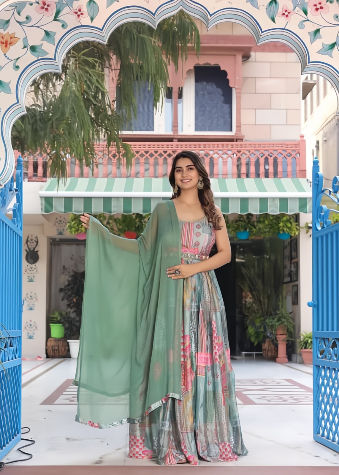 Traditional Indian Anarkali Gown Multicolour Patchwork Design Floor Length