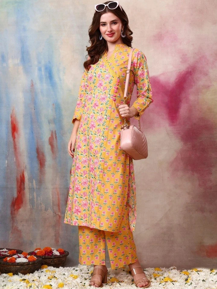 Indian Women Yellow & Pink Pure Cotton Floral Printed Kurta with Trouser Set
