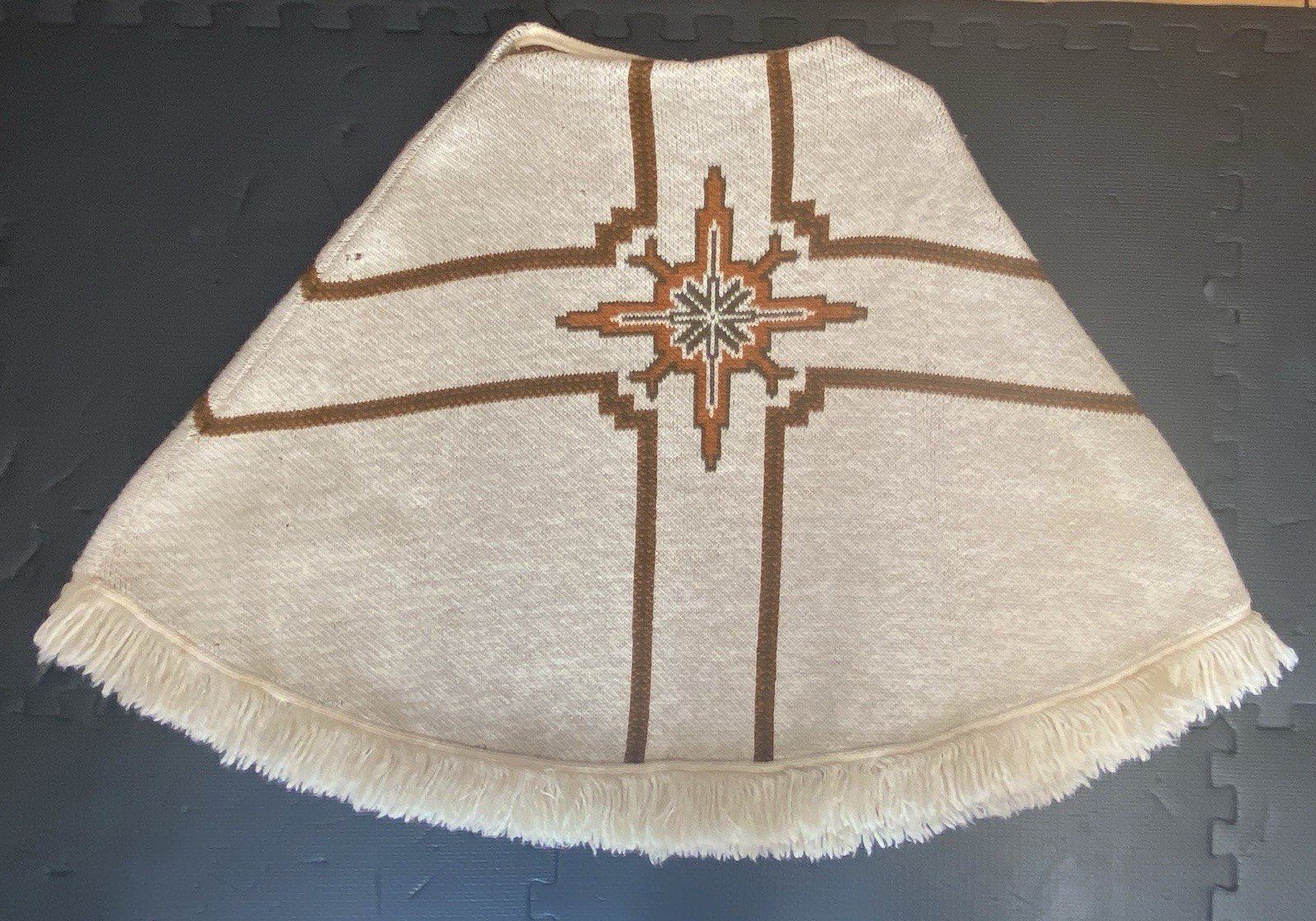 Vintage Janus Of Norway Fringed Walking Poncho 100% Wool Heavy Tribal Blanket