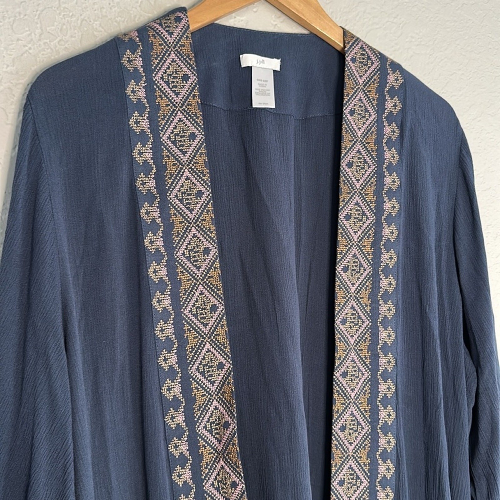 J Jill Embroidered Blue Kimono Cardigan Boho Coverup Aztec Lagenlook Resortwear