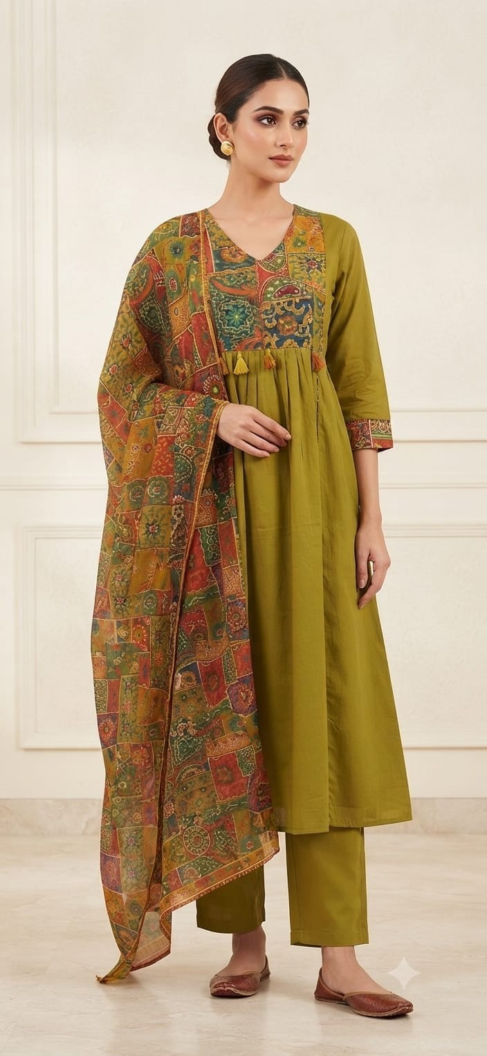 Olive Green Cotton Kurta Pant Dupatta Set for Women | Printed Yoke Ethnic Suit