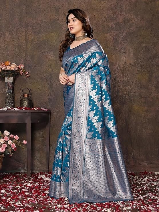 Women’s Banarasi Kanjivaram Cotton Silk Saree With Unstitched Blouse Material