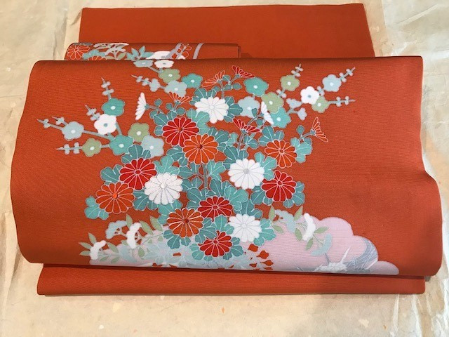 VINTAGE 1950′ Japanese Kimono NAGOYA OBI Orange with Flower Arrangement