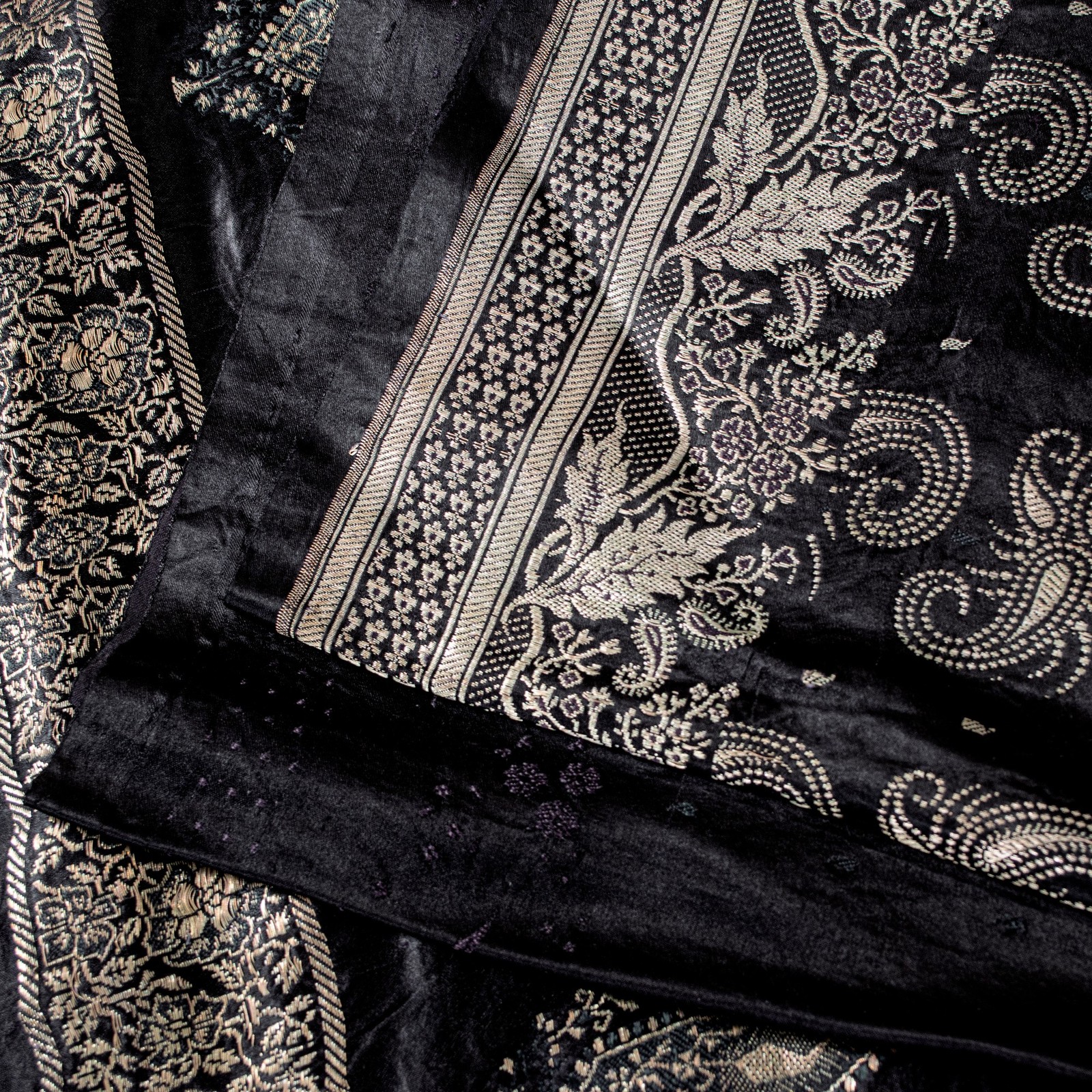 Sanskriti Vintage Black Pure Satin Sarees Banarasi Brocade Zari Hand-Woven 5 Yd