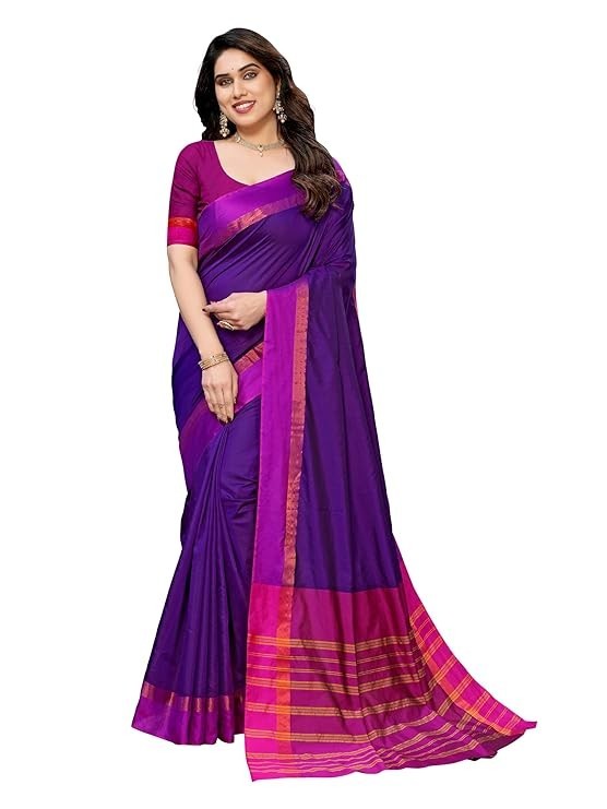 Women’s Striped Pattern Cotton Silk Saree and Unstitched Blouse Piece