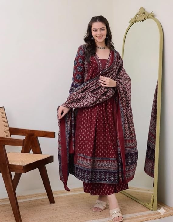 Women’s Rayon Printed Anarkali Kurta and Pant with Dupatta Set