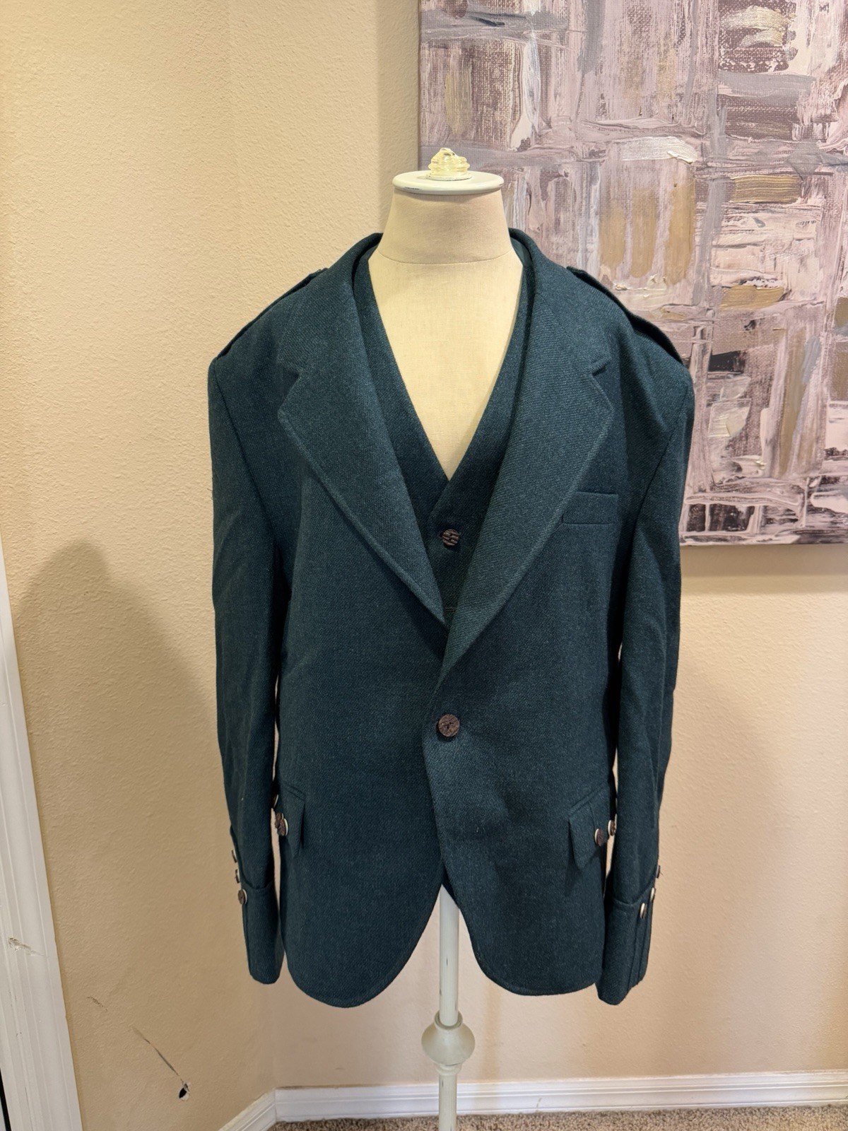 Geoffrey Tailor Scottish Highland Crafts Wool Green Waistcoat Vest Blazer Jacket
