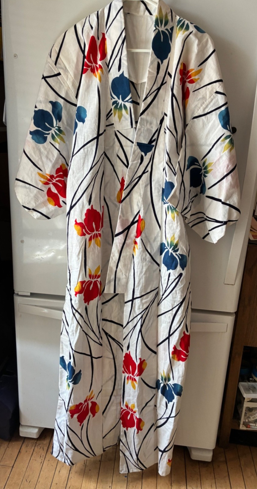 Japanese Kimono Blue & Flame Iris Flowery Summer Cotton Kimono w Bag made Japan